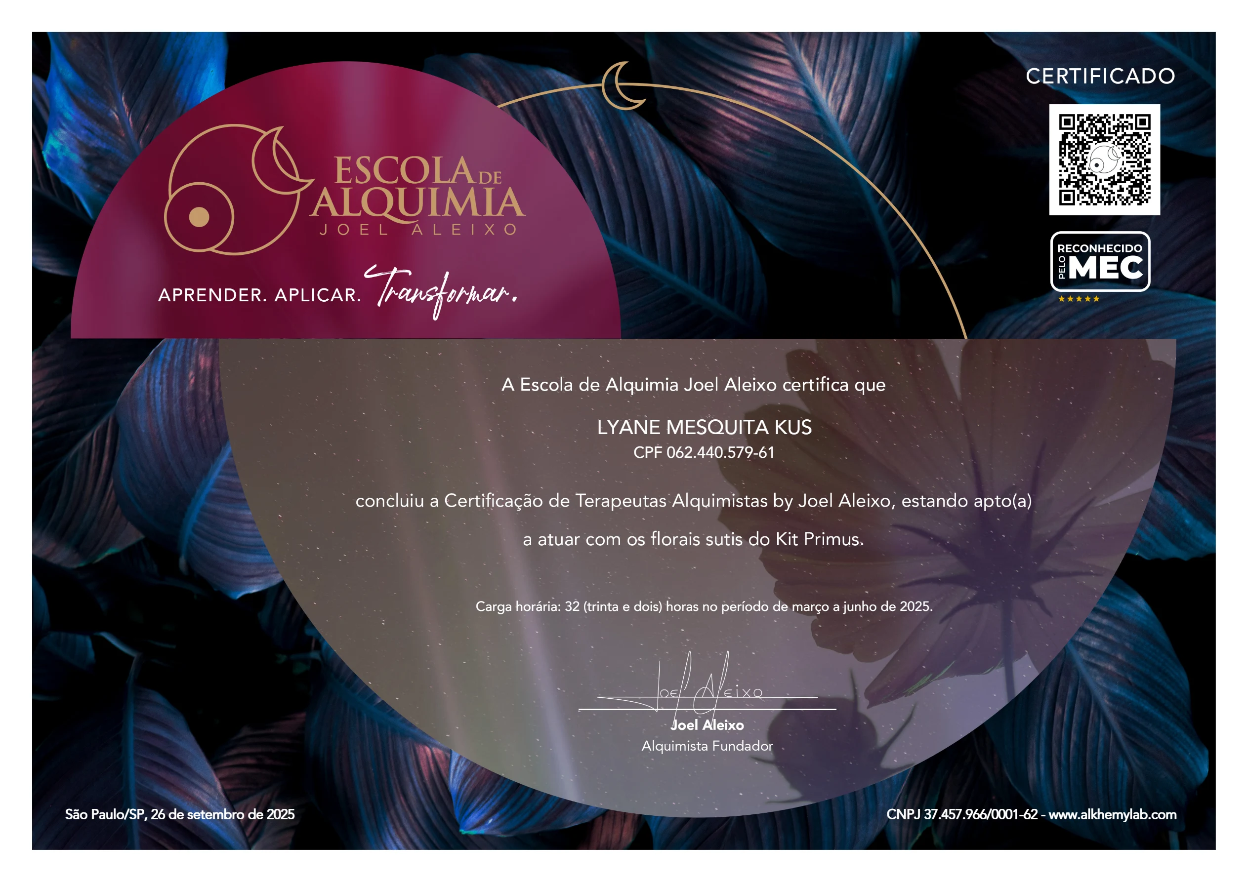 Certificado Alquimia Floral Joel Aleixo